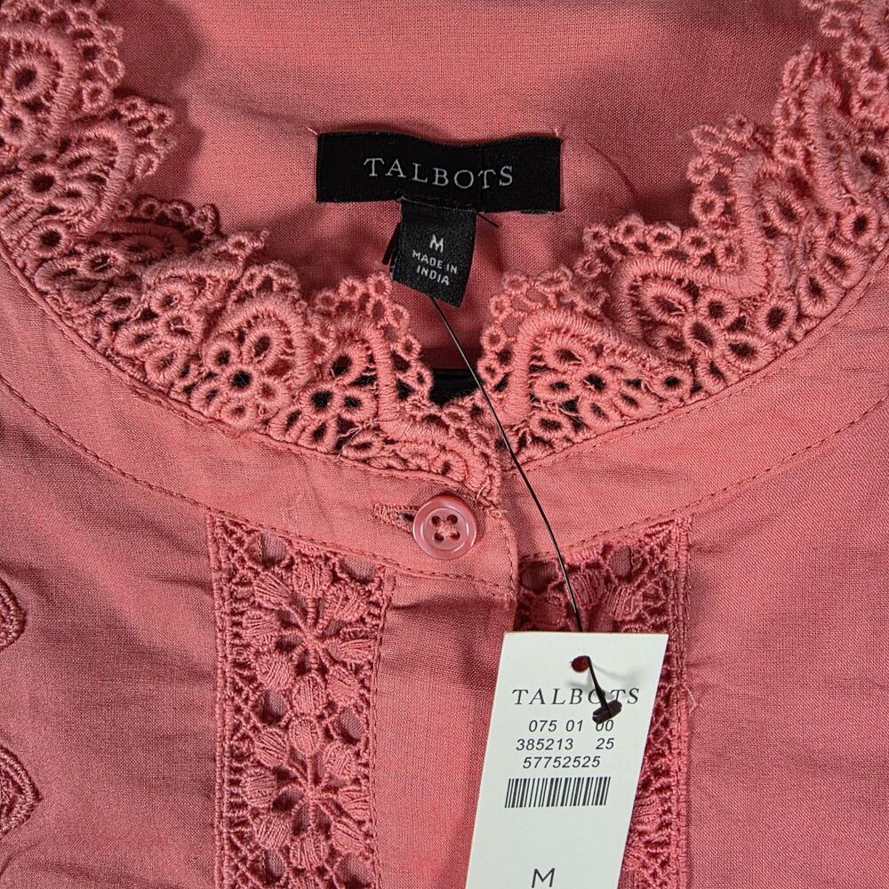 Talbots NWT Pink Lace Trim Button Front Blouse Women Medium Boho - Picture 2 of 5
